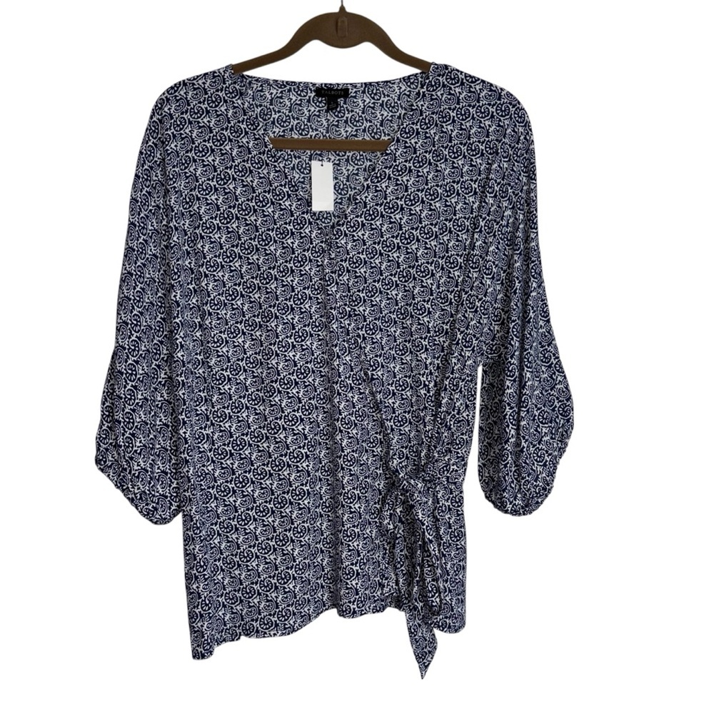 Talbots Women's Faux Wrap Blouse Navy White Pattern Large